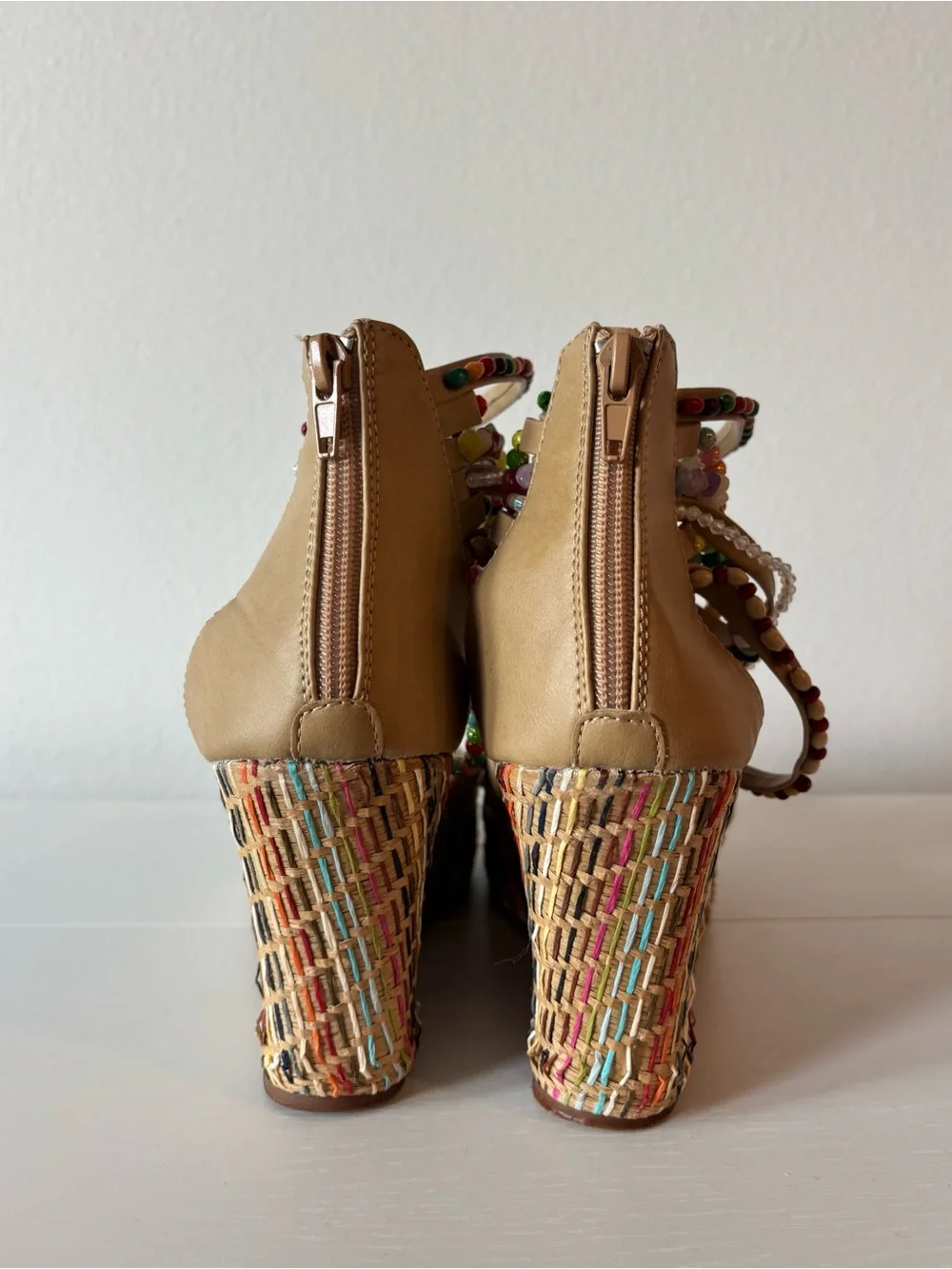 Getmorebeauty Tan Multicolor Beaded Boho Platform Wedge Sandals EU 39